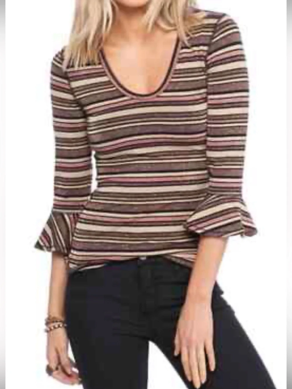 Free People Earth Tone Striped Scoop Neck Bell Sleeve Top Metallic Thread Small